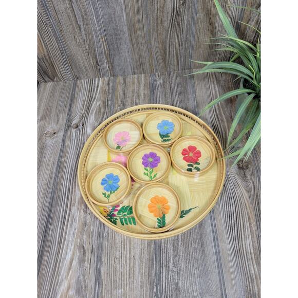 Vintage Bamboo Coaster Tray Set, Pressed Floral, NIB - Picture 1 of 5